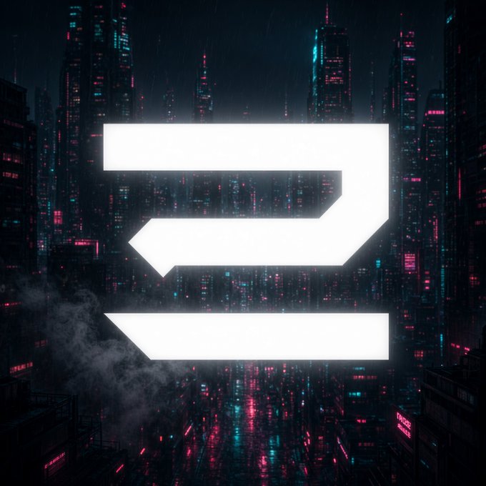 A cyberpunk-style cityscape at night with glowing neon skyscrapers in red and cyan, featuring a large white geometric logo in the center with two arrows pointing left and a line beneath.