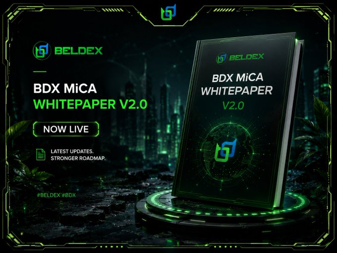 A promotional graphic for Beldex announces 'BDX MiCA WHITEPAPER V2.0 NOW LIVE' against a dark, futuristic green cityscape background.