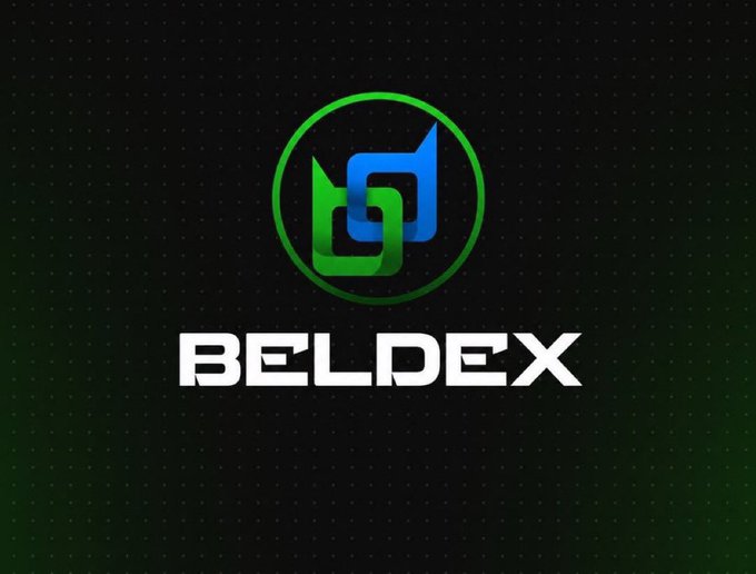 The BELDEX cryptocurrency logo displayed in green and blue colors against a dark dotted background.