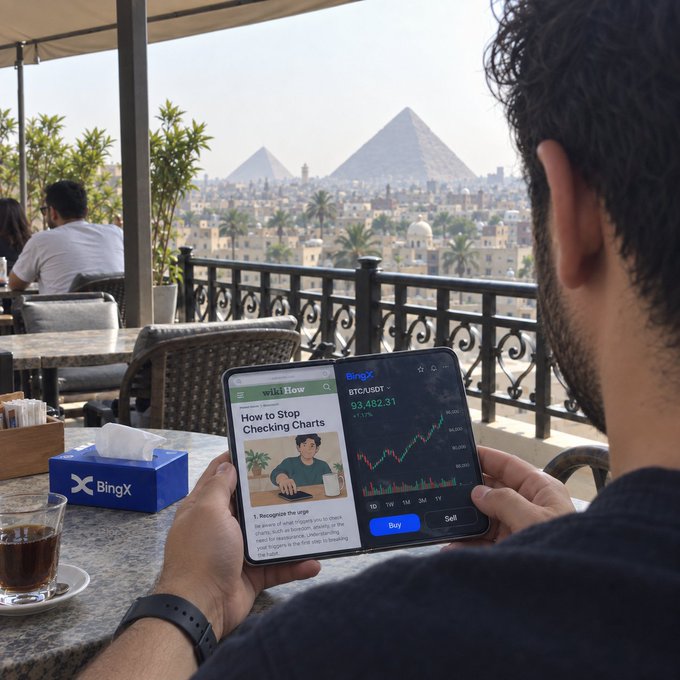 A man at an outdoor café overlooking the pyramids reads an article titled "How to Stop Checking Charts" on BingX while simultaneously monitoring the BTC/USDT chart at $93,482.31 — perfectly illustrating the irony the post calls out: seeking financial peace while unable to look away from the market.