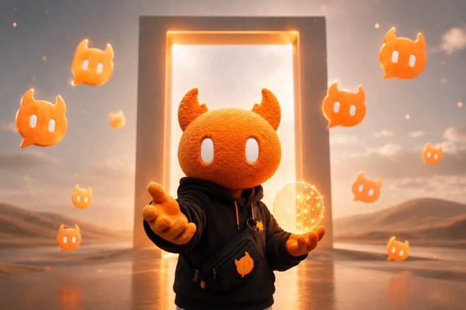 A 3D-rendered orange furry mascot character with horns wearing a black hoodie, holding a glowing orb in front of a glowing portal surrounded by floating orange speech bubble icons.