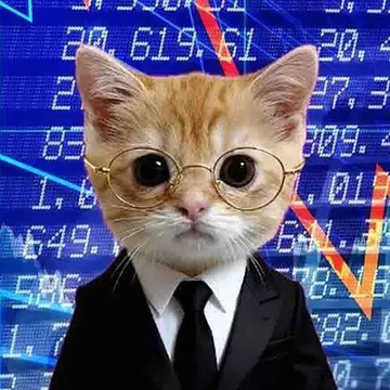 Humorous image of a kitten wearing round glasses, a suit, and tie, superimposed against a stock market chart background with red downward trending lines.