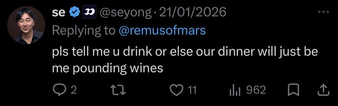 A tweet from user @seyong replying to @remusofmars reads, "pls tell me u drink or else our dinner will just be me pounding wines," showing engagement metrics of 2 replies, 11 likes, 962 views, and 3 reposts.

The image appears largely unrelated to the accompanying post, which criticizes a platform called Fomo for hosting invite-only insider events while denying the existence of a "fomo cabal."