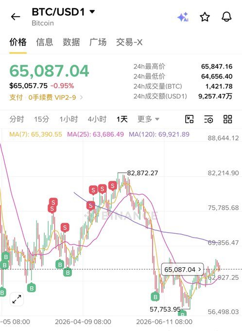 A cryptocurrency trading app screen showing the BTC/USD1 Bitcoin chart at $65,087.04, down 0.95%, with a 24h high of $65,847.16 and a candlestick chart displaying buy and sell signals.