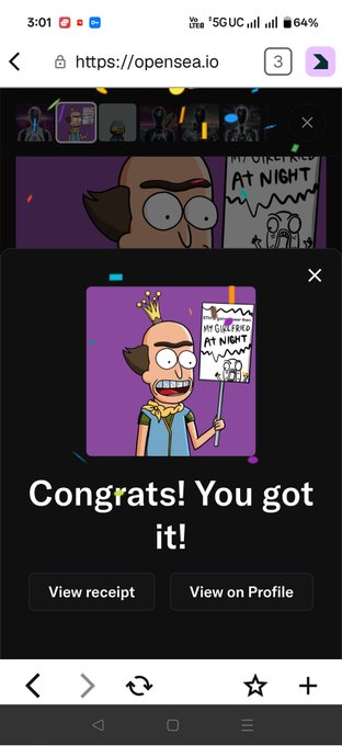 A mobile browser screenshot showing an OpenSea confirmation pop-up that reads "Congrats! You got it!" with options to "View receipt" and "View on Profile," featuring a cartoon NFT of a character holding a "MURDERED AT NIGHT" sign.