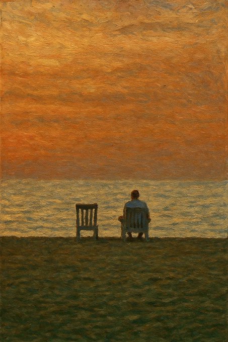 A painterly artwork showing a solitary figure sitting in a chair at sunset, gazing out over a vast body of water, with a second empty chair beside them.