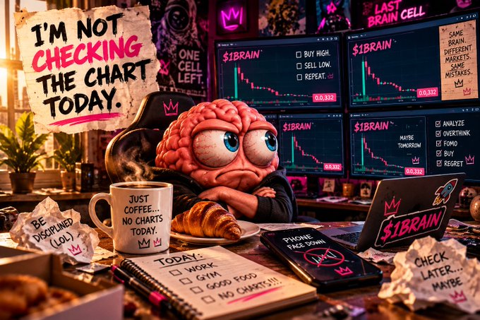 An illustration of a sad cartoon brain at a desk with multiple monitors showing '$1BRAIN' stock charts declining, surrounded by sticky notes reading 'I'M NOT CHECKING THE CHART TODAY' and 'BE DISCIPLINED LOL'.