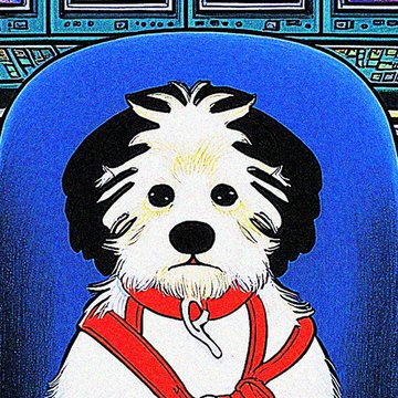 A stylized illustration of a fluffy white and black dog wearing a red scarf, set against a vibrant blue background with decorative patterns at the top.