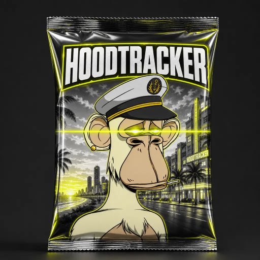 A silver and yellow snack bag mockup labeled 'HOODTRACKER' featuring a cartoon monkey wearing a captain's hat with glowing green eyes.