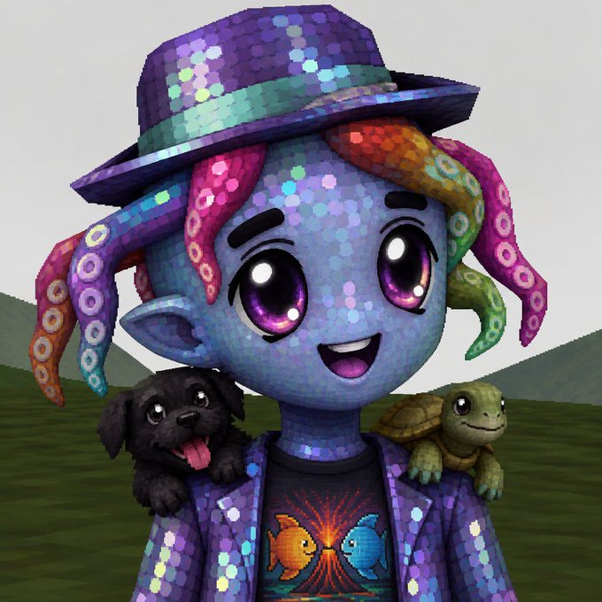 3D-rendered cartoon character with blue skin, purple eyes, wearing a sequined purple hat and jacket, with a rainbow tentacle hairstyle; a small black puppy sits on one shoulder and a turtle on the other.