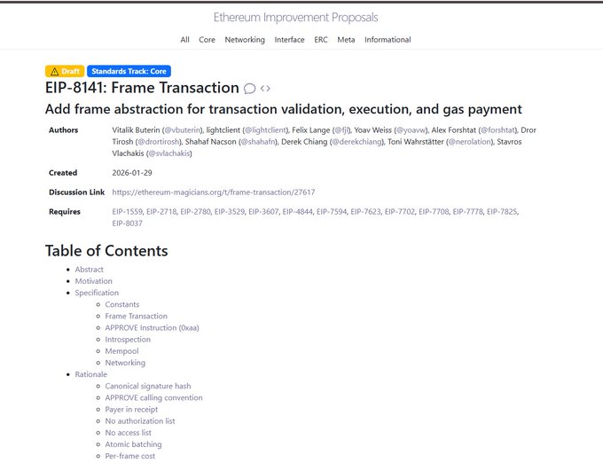 A webpage showing Ethereum Improvement Proposal EIP-8141: Frame Transaction, which adds frame abstraction for transaction validation, execution, and gas payment, created on 2026-01-29.