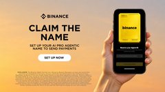 A Binance promotional banner reading 'CLAIM THE NAME' and 'SET UP YOUR AI PRO AGENTIC NAME TO SEND PAYMENTS' with a 'SET UP NOW' button, showing a hand holding a phone displaying the Binance app.