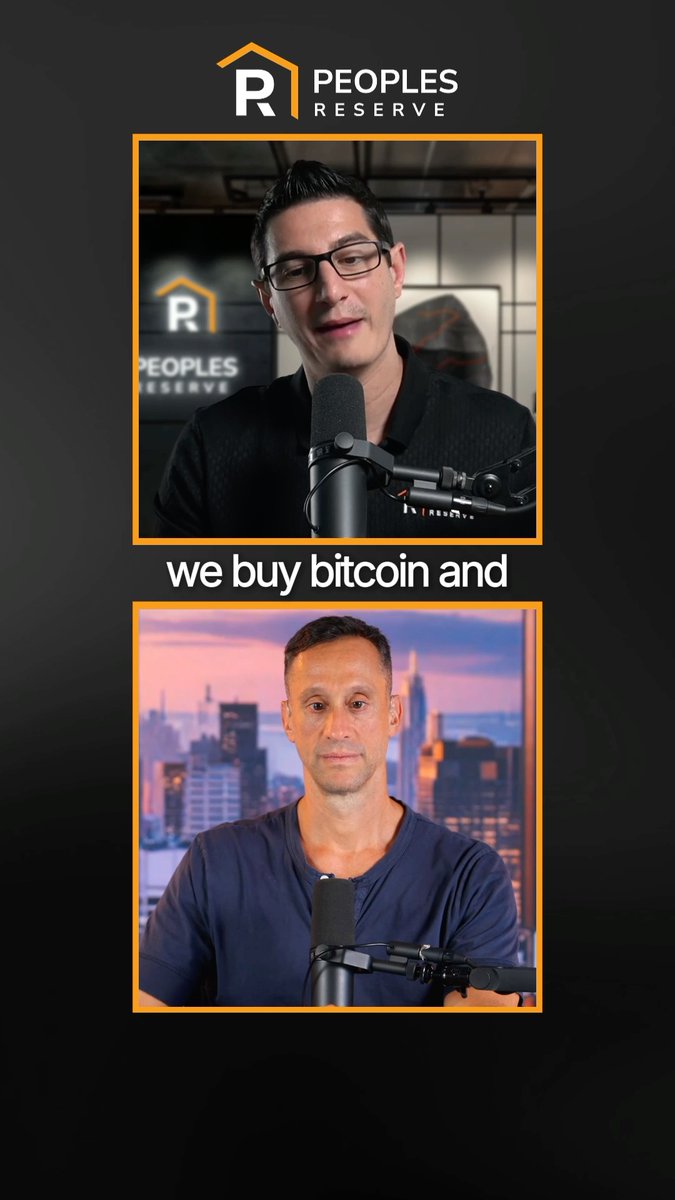 Two men appear in separate video call frames with an orange border; the top man wears glasses and speaks into a microphone with a "Peoples Reserve" logo behind him, while the bottom man sits before a city skyline, with the text "we buy bitcoin and" displayed between them.