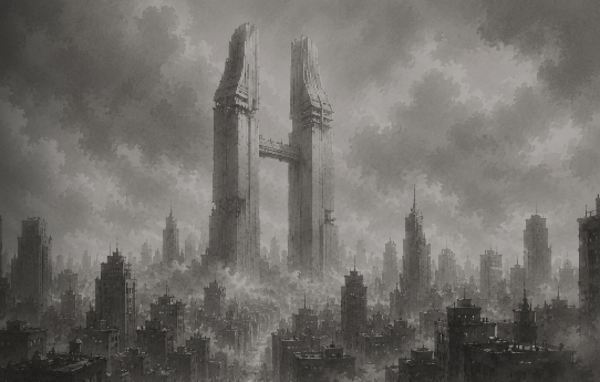 A dark, moody digital illustration of a futuristic cityscape dominated by two massive ruined towers under a cloudy sky.