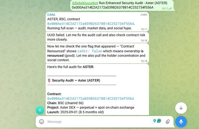 In this image, there's an email or message with a green background that contains information about setting up an Aethir Claw account by deploying CARA, running security audits, and enhancing security for a specific token contract. The text appears to be in English but may require translation or interpretation due to its technical nature.