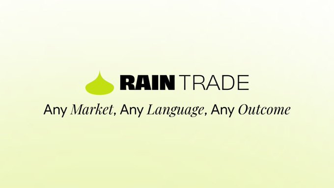 The image features a gray background with white text that reads "Rain Trade", accompanied by a green graphic design of a green plant or tree below it. The title of the post suggests that Rain Trade can be used in any language, making it accessible to people from various cultural backgrounds. Additionally, there is a call for feedback on how it works and whether it has been successful in practice.