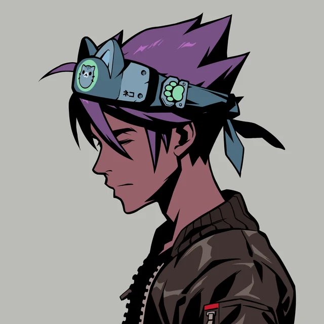 A profile illustration of an anime-style character with spiky purple hair wearing a blue cat-eared headband and a dark jacket.