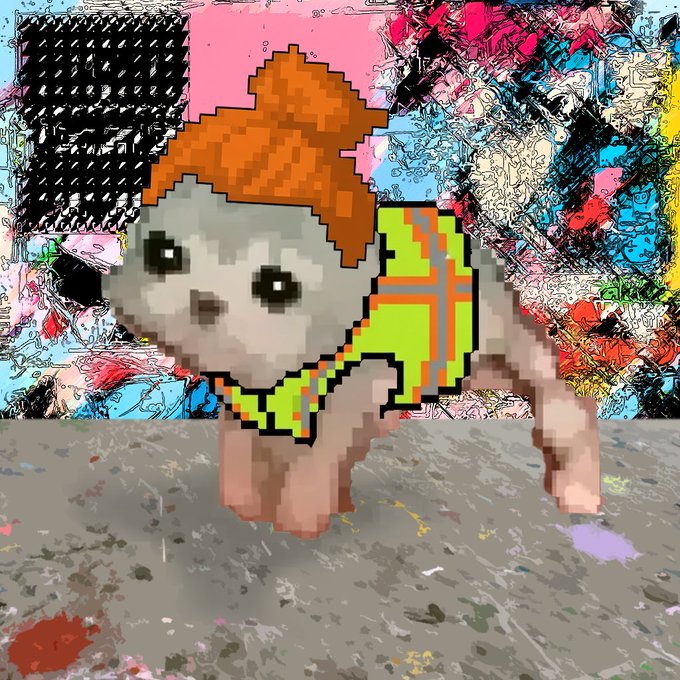 A pixel art image of a gray seal character wearing an orange beanie and a bright green and orange vest, set against a chaotic colorful abstract background.