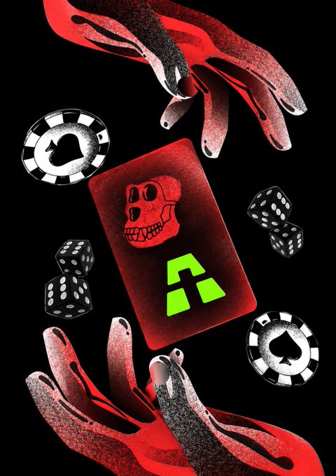 A dark, stylized digital collage features a red skull card, two dice, poker chips, and red lips against a black background.