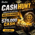 The image is a promotional graphic for Duel.bet advertising a "Cash Hunt" contest where participants can win up to $25,000 cash with every deposit, featuring a "Win Cash Rewards!" headline and "Play Now!" call-to-action button, which ties to the post's message about turning small deposits into large winnings through the Duel.bet Casino's airdrop and MAX2WIN promo code.
