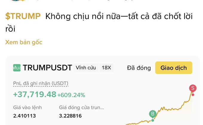 Screenshot in Vietnamese showing a $TRUMP cryptocurrency trade with the text "Không chịu nổi nữa—tất cả đã chốt lời rồi," displaying a PnL of +37,719.48 USDT (+609.24%) on TRUMPUSDT.