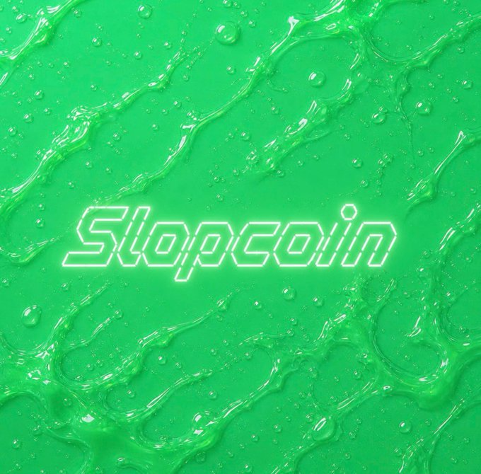 The word "Slopcoin" appears in a glowing neon white outlined font against a vibrant green, viscous liquid-textured background. The image visually represents the post's reference to the "$Slop" memecoin, emphasizing its liquid-like, trendy aesthetic tied to the AI "slop" terminology being popularized on social media platforms.