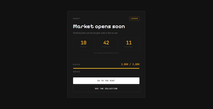 A countdown interface shows "Market opens soon" with 10 hours, 42 minutes, and 11 seconds until the marketplace opens on Tuesday, September 22 at 06:30 UTC, while displaying a "MINTED 2,800 / 2,800" indicator marked as "Sold out." The accompanying post explains that sign-in is restored, confirms the marketplace opening date, and reassures users that mint sold out refunds will be automatically sent to their designated delivery address.