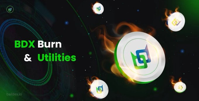 A promotional banner for 'BDX Burn & Utilities' by beldex.io, featuring the Beldex coin logo surrounded by flames against a dark, tech-inspired background.