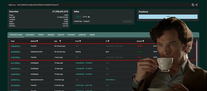 A blockchain explorer interface shows an overview with a portfolio balance of 27,298,642.675, including a staking balance of 27,298,579.392 and a vault balance of 888, with recent transactions highlighted in red, while a cutout image of actor Hugh Laurie as Dr. House sipping from a white teacup is overlaid on the right side.