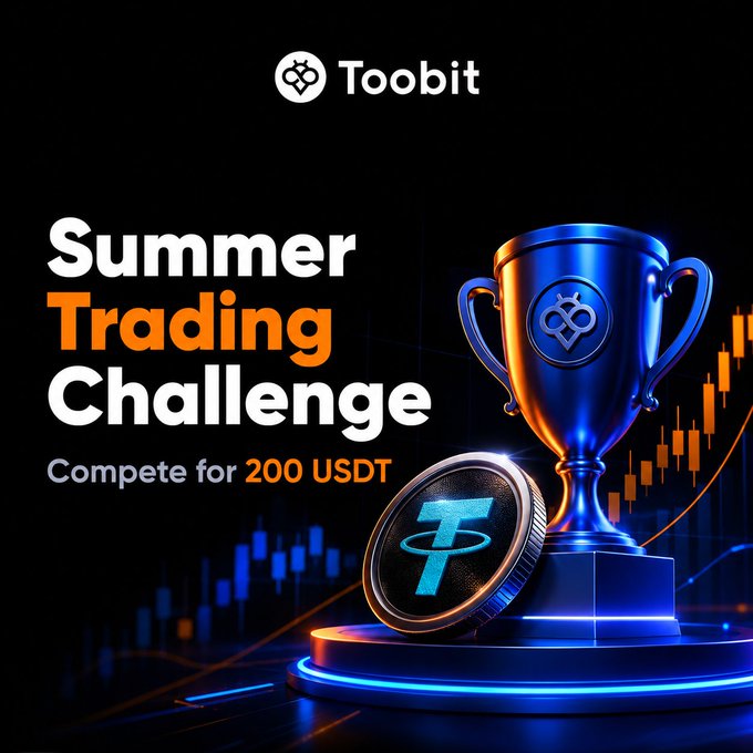 Toobit's "Summer Trading Challenge" promotional graphic featuring a blue trophy and USDT coin, with text announcing winners will compete for 200 USDT, tying to the post celebrating the seven 20 USDT prize recipients including @balbert180403, @marveltheprime, and others.