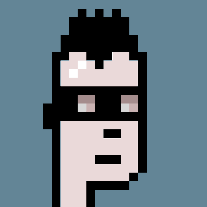 A character graphic of a person with black hair, wearing sunglasses and goggles, and wearing a mask. The background features a gradient of blue colors. The caption provided for this image reads: "Punk #4986 bought for 49.99 ETH (€83,291) by 0x5afe...34e8 from 0xa2a1 ...61db (end0x.eth)", and it also mentions that the character is created by a person named "0x5afe..." on the same page. The post seems to be related to cryptocurrencies or an online market for digital art or games.