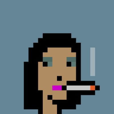 A pixel art character featuring a person with long black hair and a cigarette appears against a solid blue background, representing one of 10,000 CryptoPunks collectibles. The digital avatar aligns with the post's caption celebrating ownership of a unique CryptoPunk NFT from the famous 10,000-piece collection.