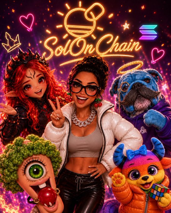 A vibrant digital collage features a smiling woman with glasses making a peace sign, surrounded by whimsical characters including a red-haired elf, a blue dog, a broccoli figure, and a colorful puppy, under a neon 'Sol On Chain' sign with a Solana logo.