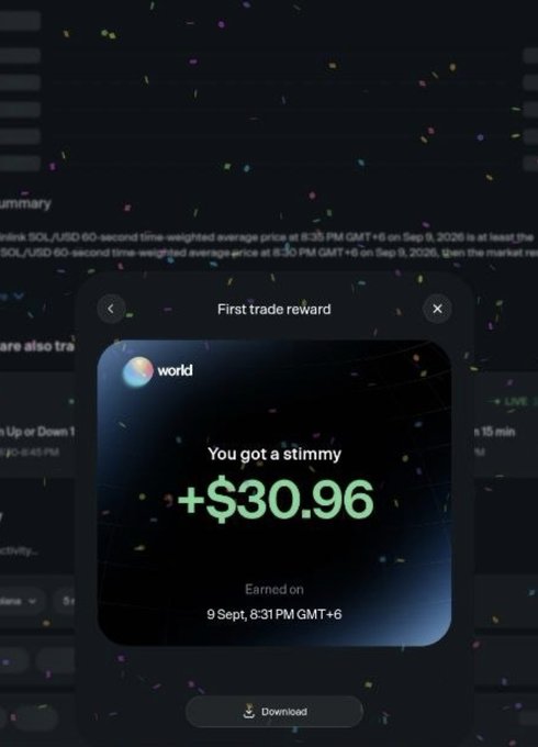 A 'World' app screenshot celebrating a first trade reward with confetti, showing 'You got a stimmy +$30.96' earned on 9 Sept, 8:31 PM GMT+6.