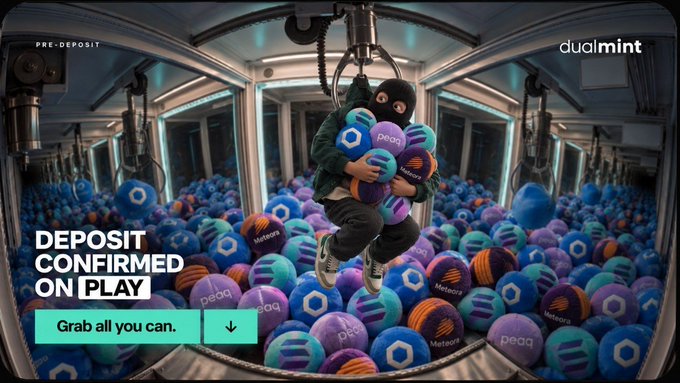 A person in a green jacket and black mask hangs from a mechanical claw inside a glass chamber filled with colorful spheres branded 'peaq,' 'Meteora,' and 'EdgeOS,' promoting 'dual mint' with the text 'Deposit confirmed on Play' and 'Grab all you can.'
