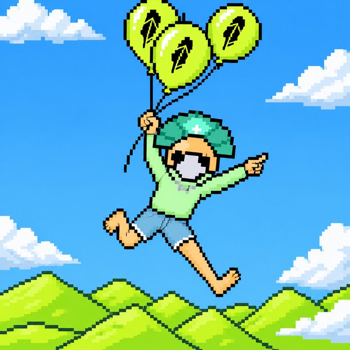 A pixel art image of a barefoot character with a blue cap, holding onto green balloons shaped like Bitcoin logos, floating against a blue sky with clouds.