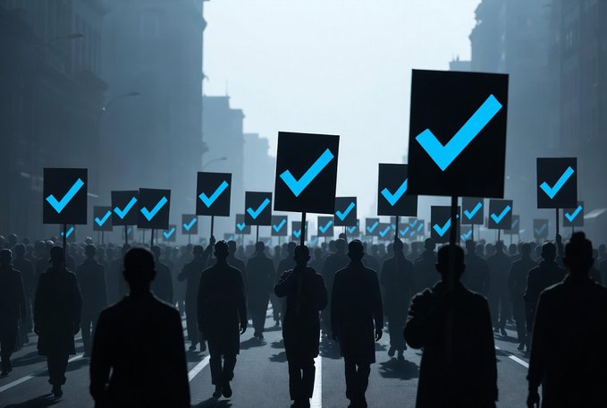 A crowd of silhouetted people walking down a foggy city street, many carrying signs displaying blue checkmark symbols.