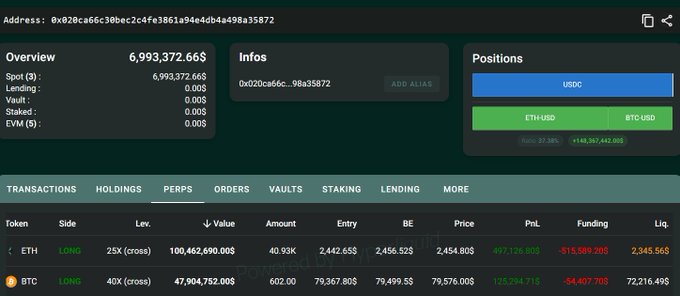 Screenshot of a cryptocurrency portfolio dashboard showing an address with $6,993,372.66 overview value and positions in ETH and BTC.