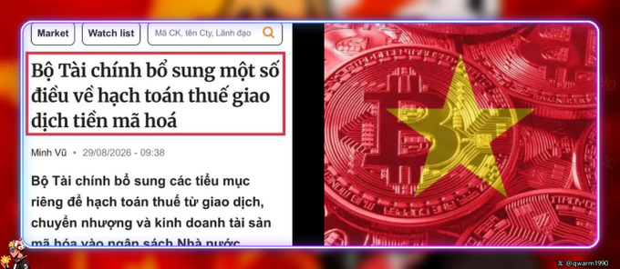 A Vietnamese news headline from the Ministry of Finance about additional regulations for tax accounting on cryptocurrency transactions, dated 29/08/2026.