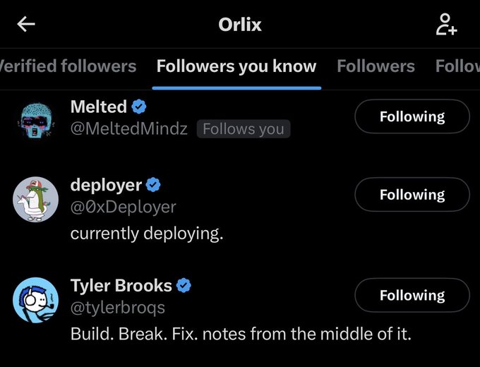 A screenshot of X's "Followers you know" list for Orlix, showing three verified accounts—Melted (@MeltedMindz), deployer (@0xDeployer) with bio "currently deploying," and Tyler Brooks (@tylerbrooks)—all marked as "Following," highlighting notable supporters of the AI operating system project.