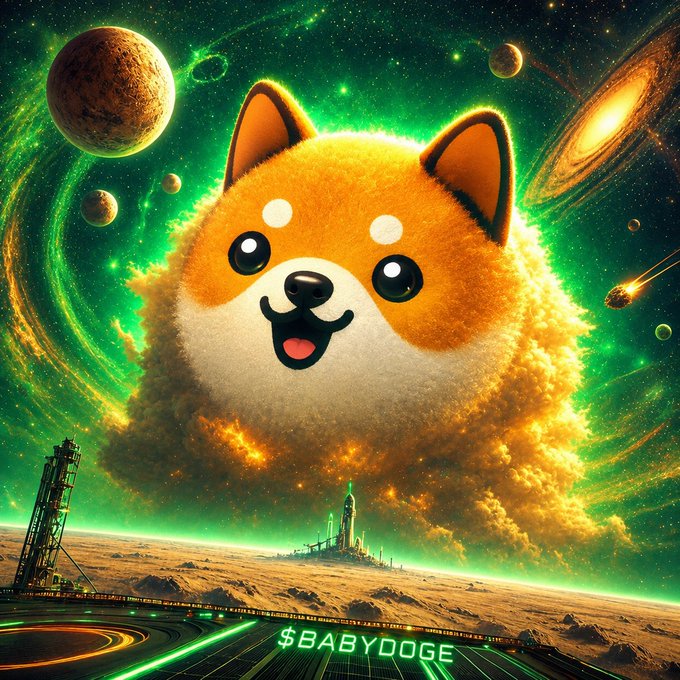 A giant, fluffy Shiba Inu head shaped like a cosmic explosion looms over a futuristic Mars-like landscape, with "$BABYDOGE" displayed in glowing green text on a landing pad. The image visually reinforces the post's enthusiasm for swapping to $BABYDOGE by depicting the token's mascot on an epic, larger-than-life scale.