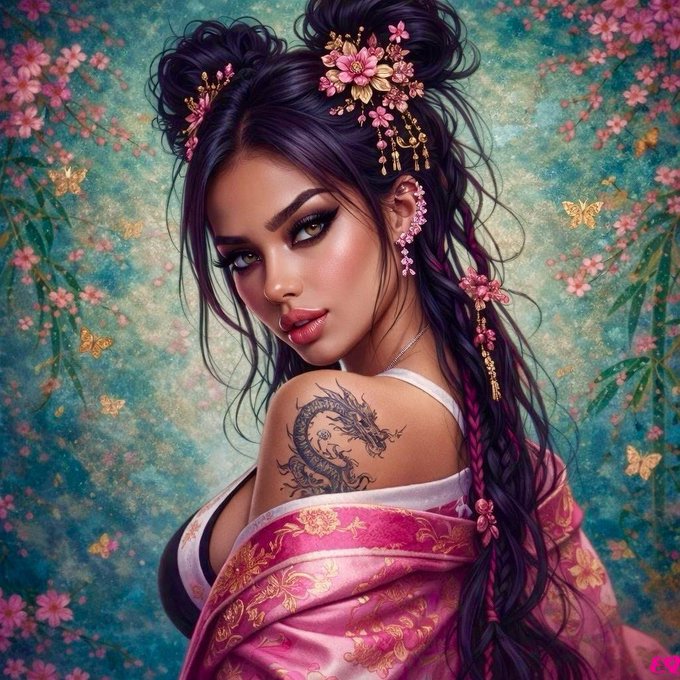 A woman with elaborate floral hair ornaments, purple braided hair, and a dragon tattoo on her shoulder gazes over her shoulder, draped in a pink floral kimono against a dreamy garden backdrop. The ethereal, fantasy aesthetic aligns with the "Ethereal Paradise" NFT listing, which promotes a captivating beauty piece crafted from love, offered on OpenSea.