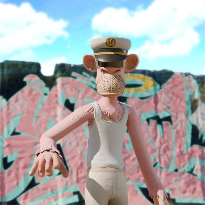 A 3D rendered monkey-like character wearing a sailor hat, visor, and white tank top, standing in front of a graffiti-covered wall.