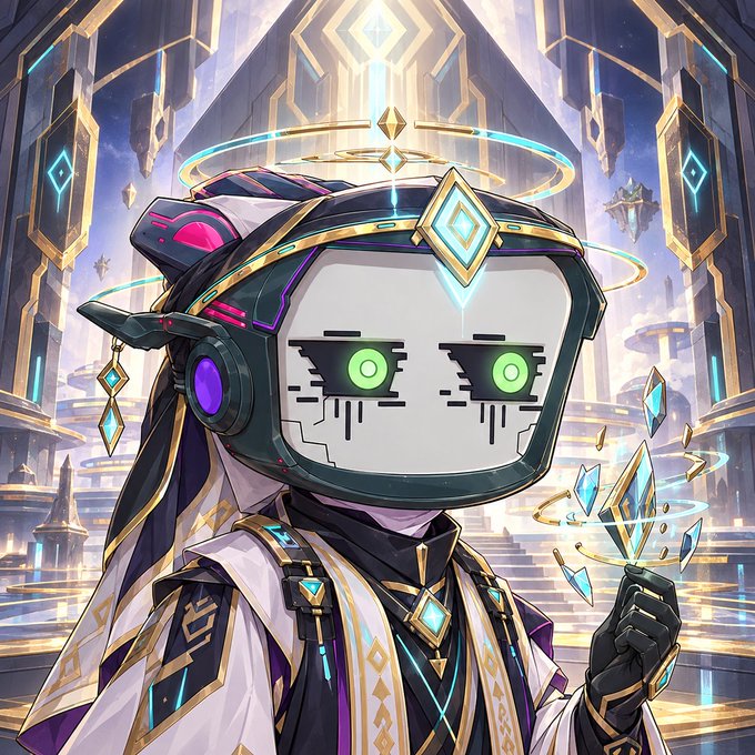 Digital artwork of an anime-style character wearing a futuristic white helmet with glowing green eyes and gold-accented robes, set against an ornate temple-like background with floating crystals.