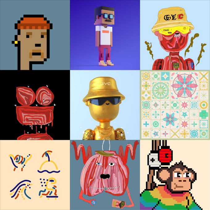 The image features a collection of nine different artworks, each with its own unique style and subject matter. These artworks are displayed in a grid format, showcasing various themes such as cartoon characters, abstract designs, and other creative expressions. The artworks include a monkey, a gold statue, and a pink face painted on the wall. The post is titled "NFTs Looking forward to the post IPO setup", indicating that this collection of artworks might be related to an upcoming NFT launch or a discussion about the future of NFTs in the art world.