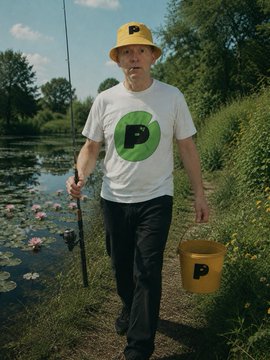 A man walks along a pond wearing a yellow bucket hat and a white t-shirt featuring a green circle with a black letter 'P', carrying a fishing rod and a yellow bucket with the same logo.