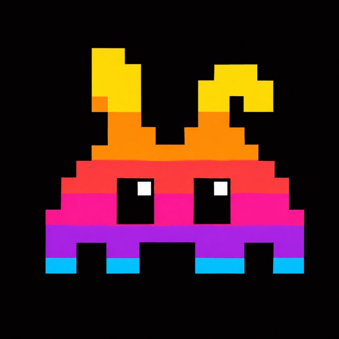 A retro pixel-art Space Invaders character reimagined as a cute bunny, featuring a vibrant rainbow gradient body (yellow, orange, red, pink, and purple) with two tall ears on top, big pixelated eyes, and the classic cyan block feet—all set against a black background. The colorful, whimsical design transforms the iconic 8-bit arcade alien into a peaceful, friendly creature, matching the post's description of a "Peaceful Space Invaders bunny."
