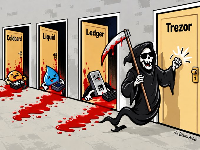 A Grim Reaper holding a bloodied scythe kicks in a "Trezor" door while bodies of cold hardware wallets (Coldcard, Liquid, and Ledger) lie bloody and "X"-eyed on the floor. The image relates to the post's "GM Over/under on Trezor?" by humorously predicting Trezor as the next hardware wallet to suffer a compromise or failure, leaving it grinning while rivals bleed out.