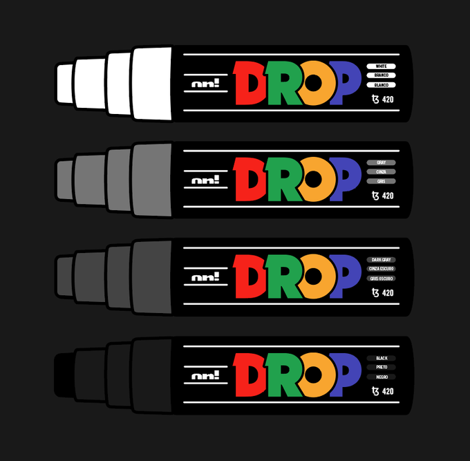 Four stacked marker pens labeled 'DROP' in colorful letters with color indicators (white, gray, dark gray, black) and the number '420' on a black background.