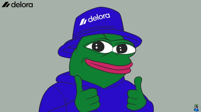 A cartoon illustration of the green Pepe the Frog character wearing a blue bucket hat with 'delora' branding and a blue hoodie, giving two thumbs up.